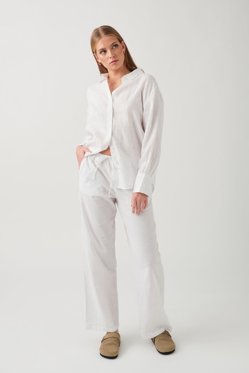 Linen blend trousers - Vit - Dam - Gina Tricot