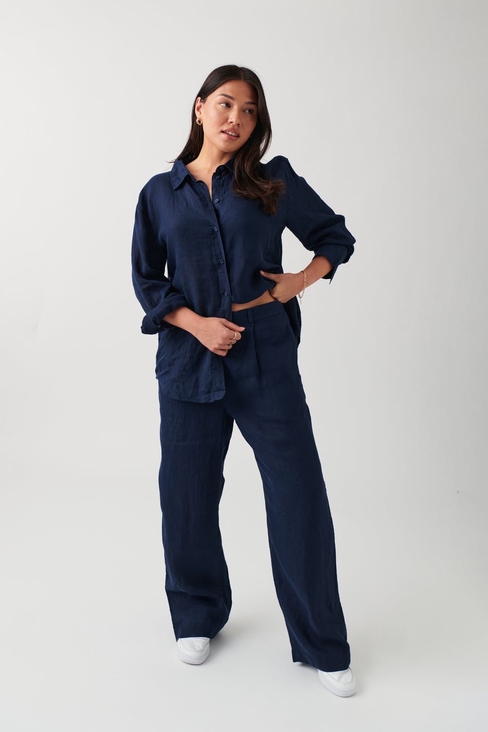 Gina Tricot - Linen trousers - linnebyxor - Blue - L - Female