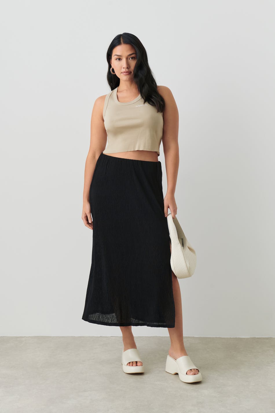 Crinkled midi skirt - Gina Tricot - Röcke - Black - L - Female