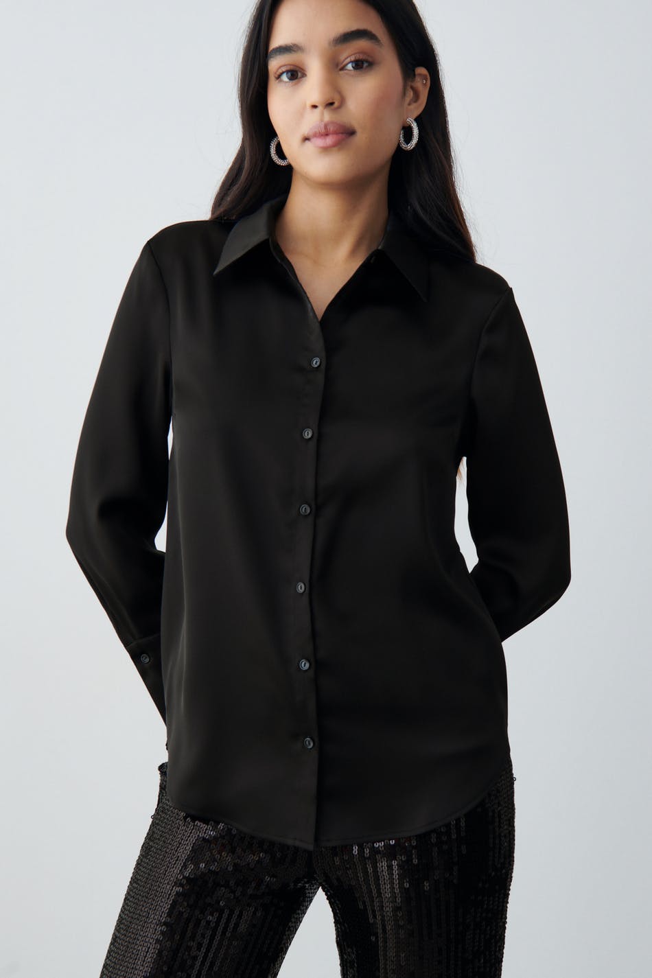 ladies black satin blouse