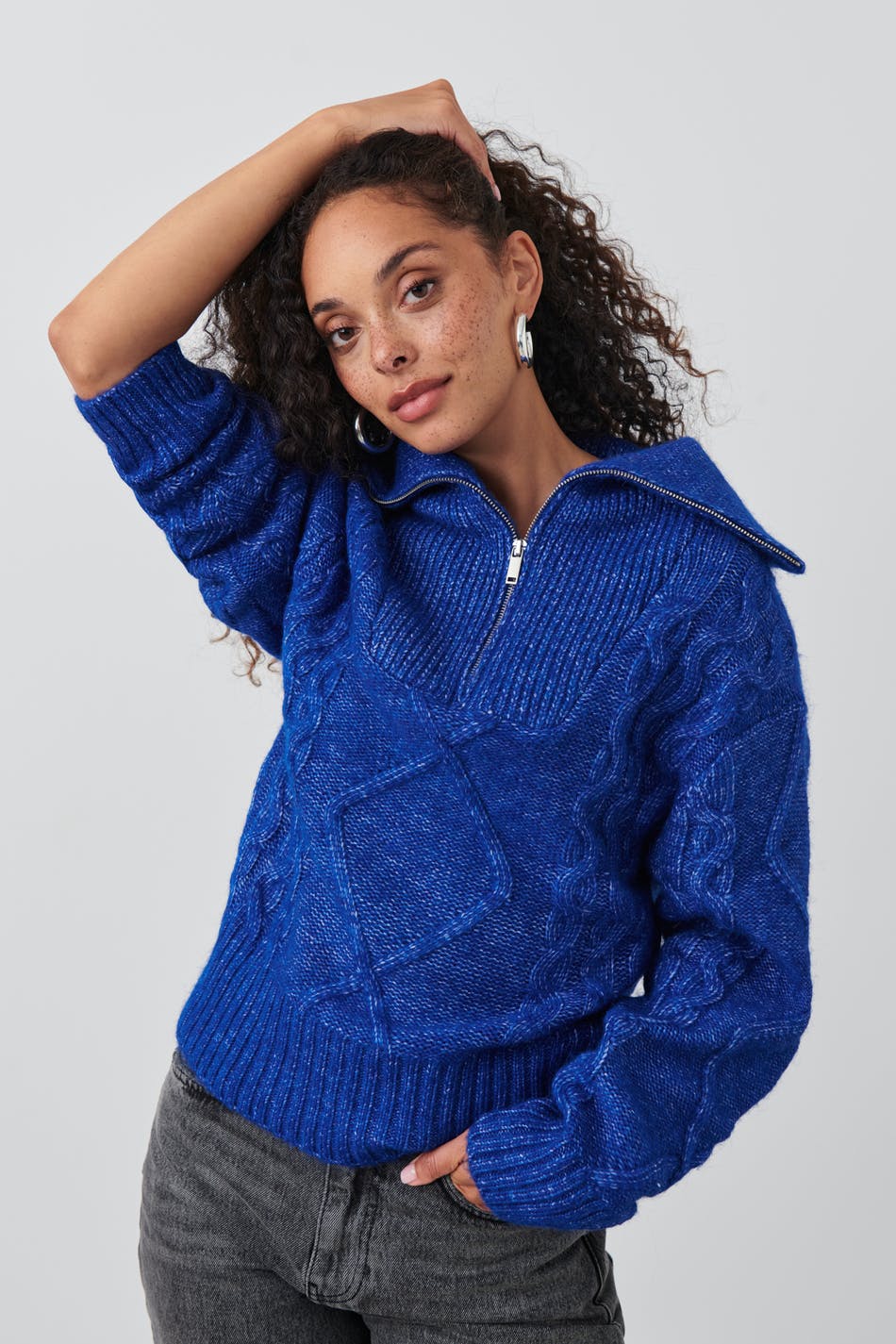 Gina Tricot - Knitted zip sweater - stickade tröjor - Blue - M - Female