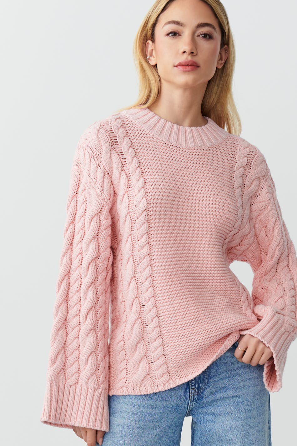 Tall Baby Pink Chunky Cable Knit Turtle Neck Sweater