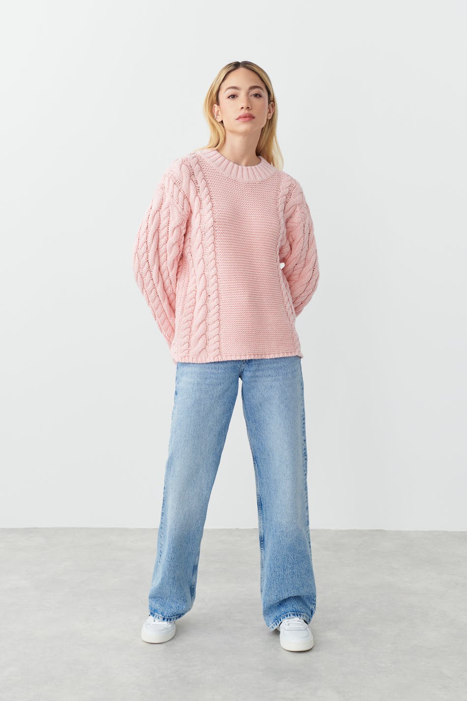 Tall Baby Pink Chunky Cable Knit Turtle Neck Sweater