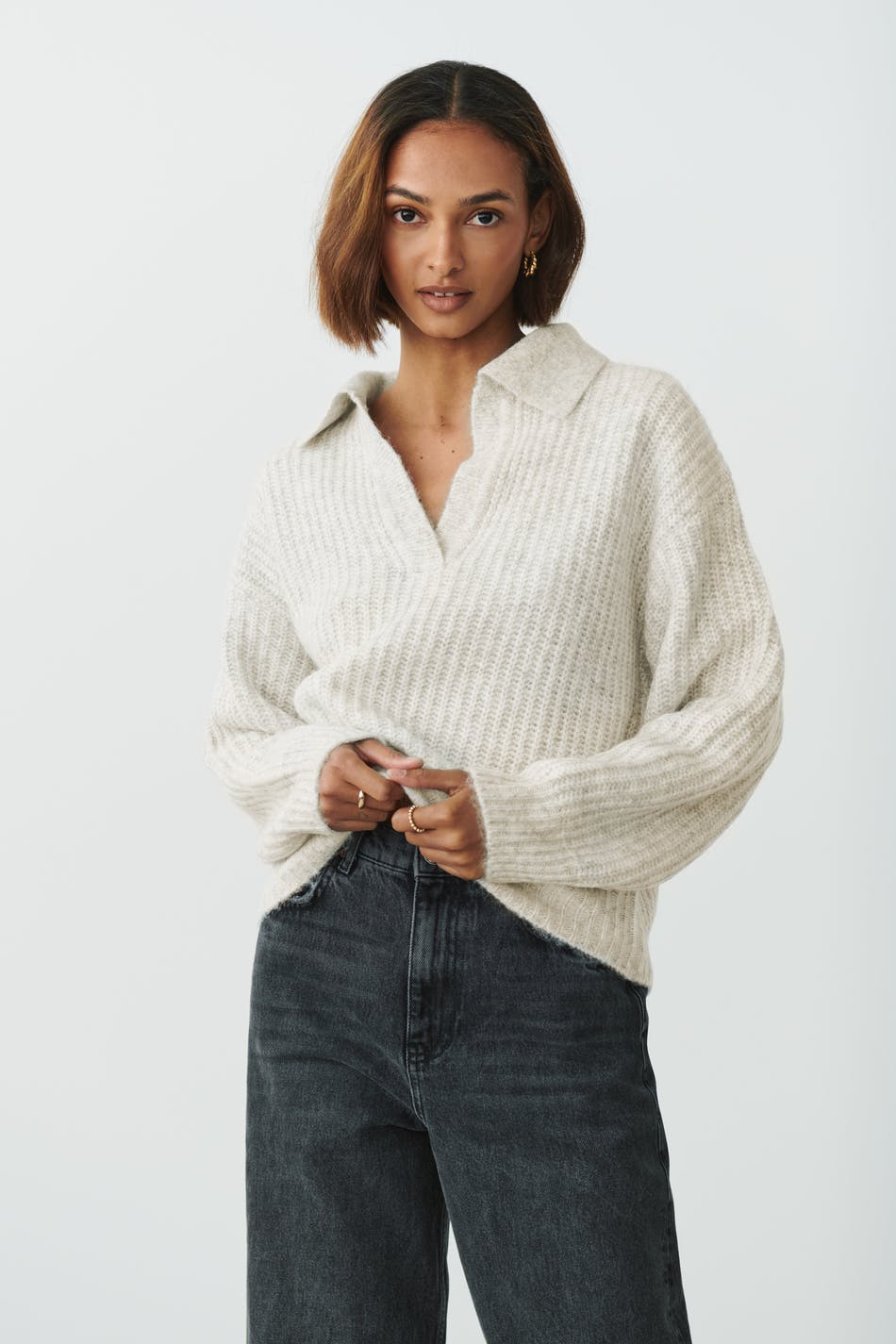 Läs mer om Gina Tricot - Collar knitted sweater - stickade tröjor - Grey - XL - Female