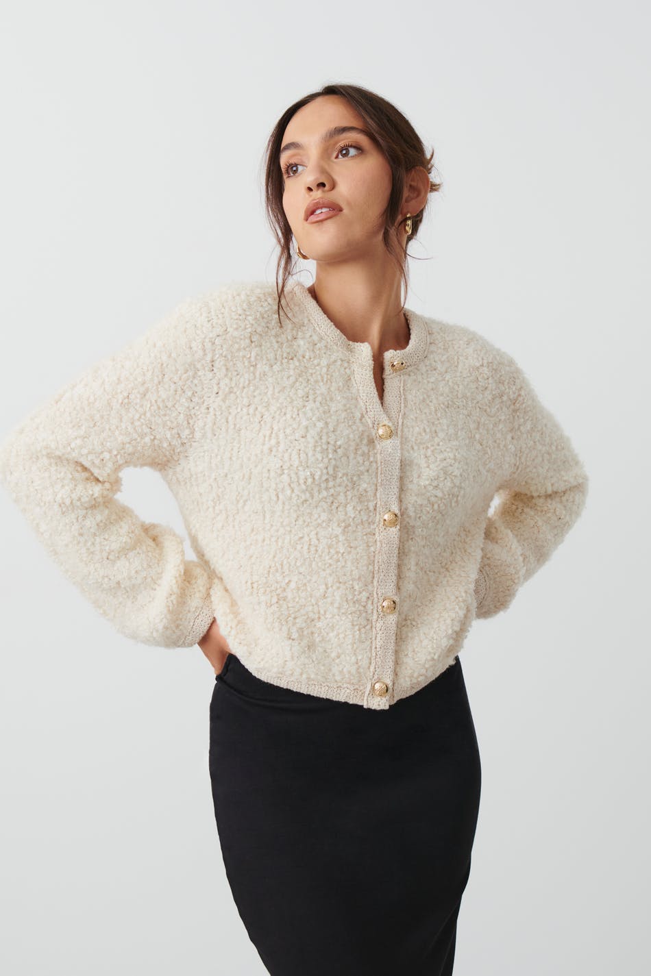 Gina Tricot - Knitted bouclé cardigan - koftor & cardigans - White - S - Female
