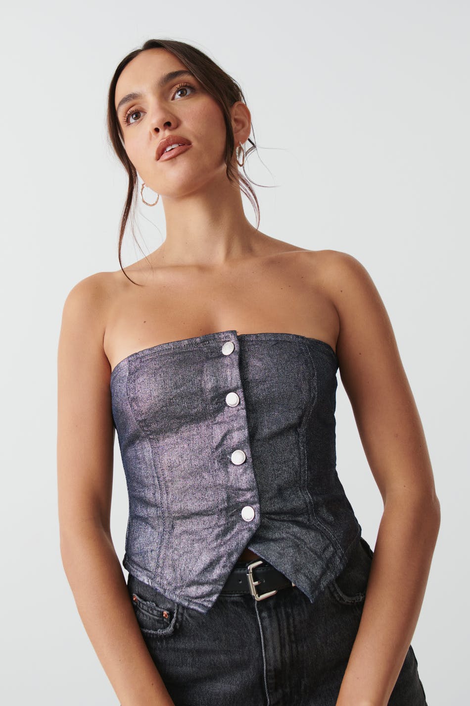 Sparkle denim corset - Silver - Women - Gina Tricot