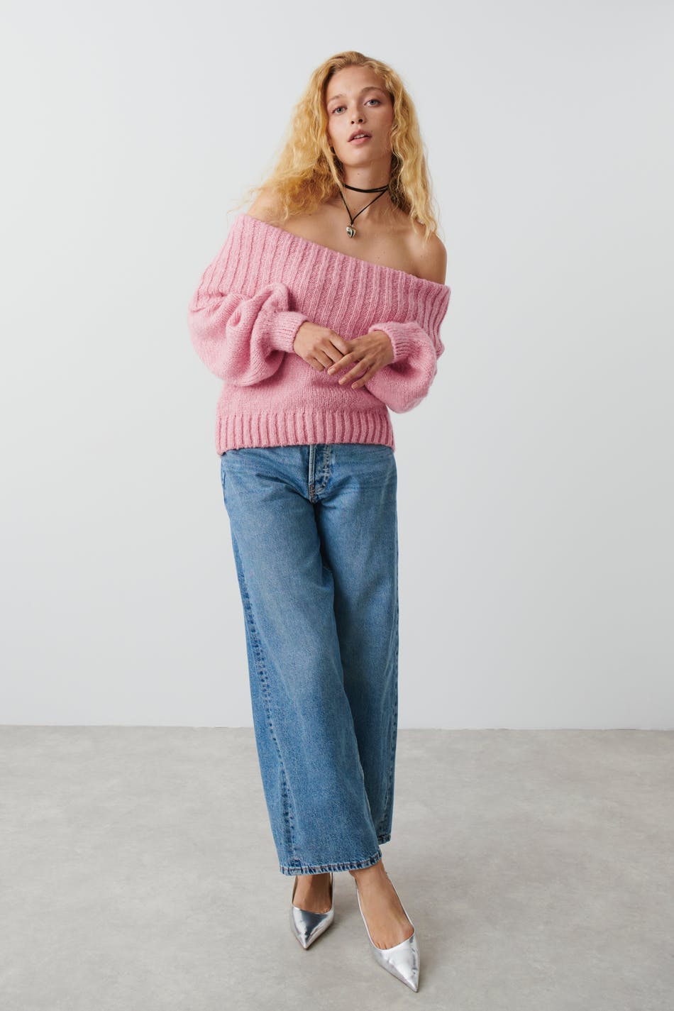 Off shoulder knit sweater - Pink - Women - Gina Tricot