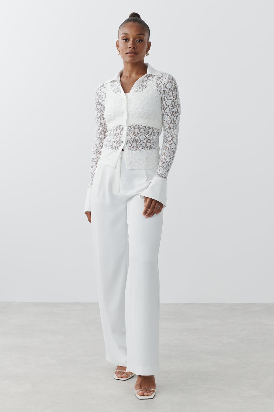 Pants and Top Set, Lace Blouse With Straight Pants, Women Trousers