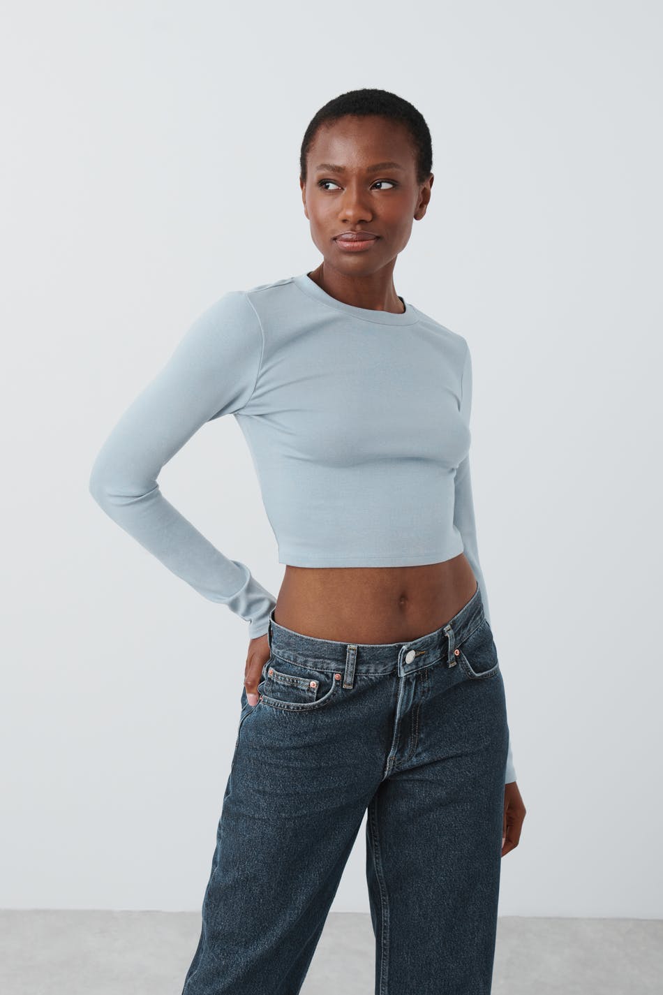Gina Tricot - Soft cropped top - langermede topper - Blue - S - Female