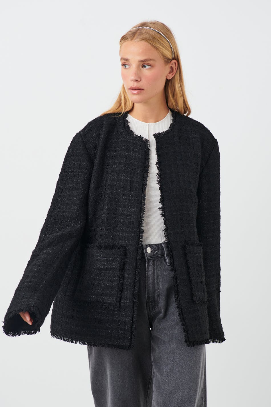 Läs mer om Gina Tricot - Tweed long jacket - kavajer - Black - 38 - Female