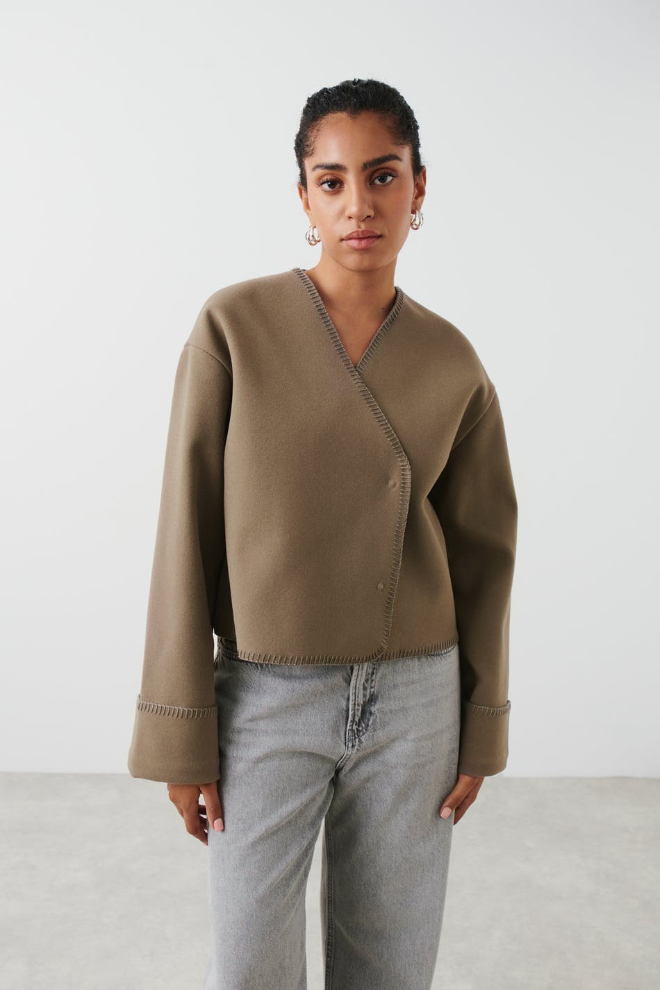 Gina Tricot - Blanket stitch jacket - jackor - Brown - L - Female
