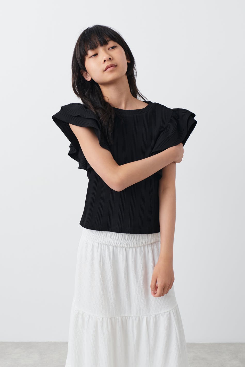 Gina Tricot - Y double frill top - young-tops - Black - 158/164 - Female