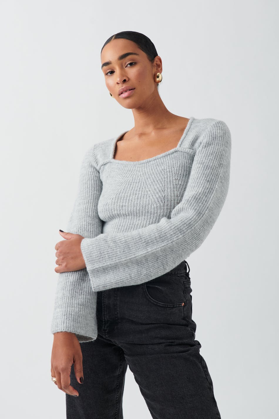 Gina Tricot - Knitted top - stickade tröjor - Grey - S - Female