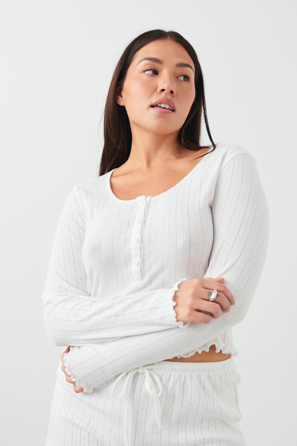 SQUARE NECK BUTTON LONG SLEEVE RIBBED POINTELLE