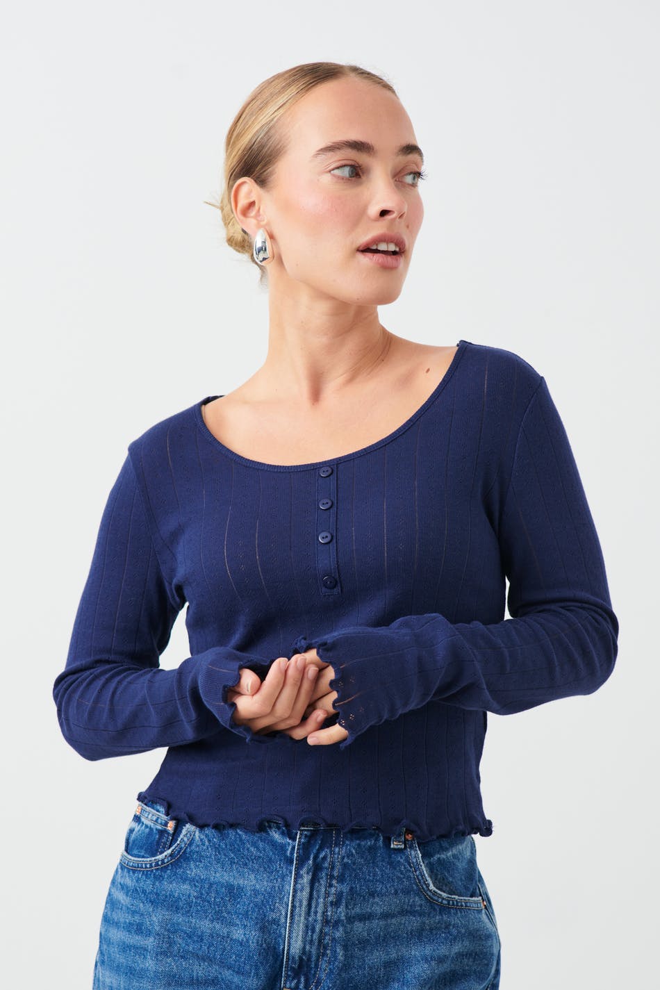 Gina Tricot - Pointelle long sleeve top - långärmade toppar - Blue - S - Female