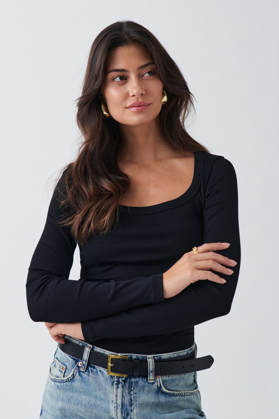 Gina Tricot - Rib long sleeve top - långärmade toppar - Black - XS - Female