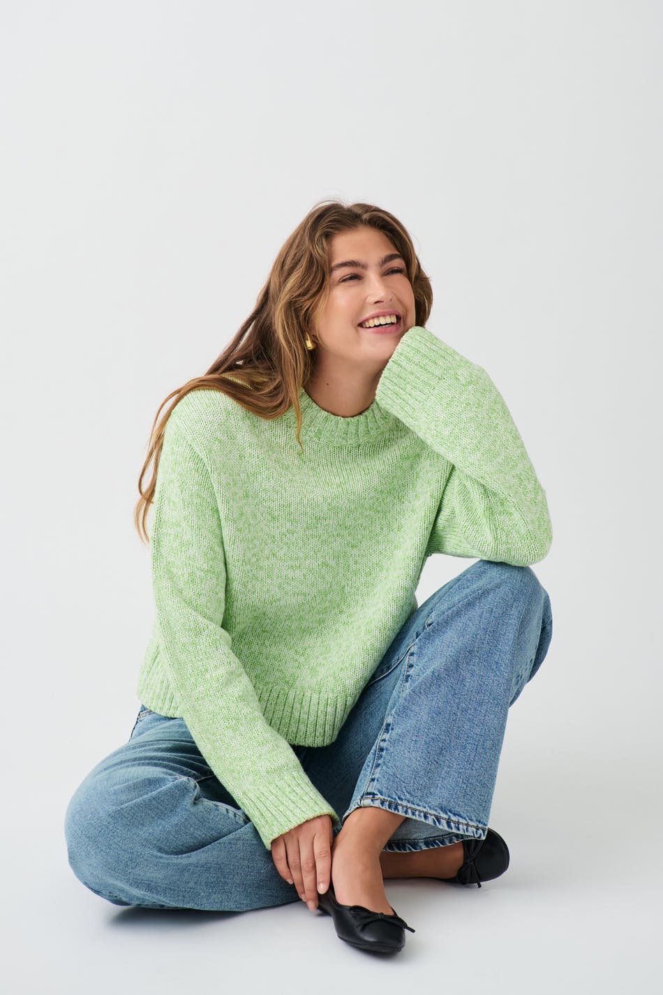 Gina Tricot - Cotton mélange knit sweater - stickade tröjor - Green - L - Female