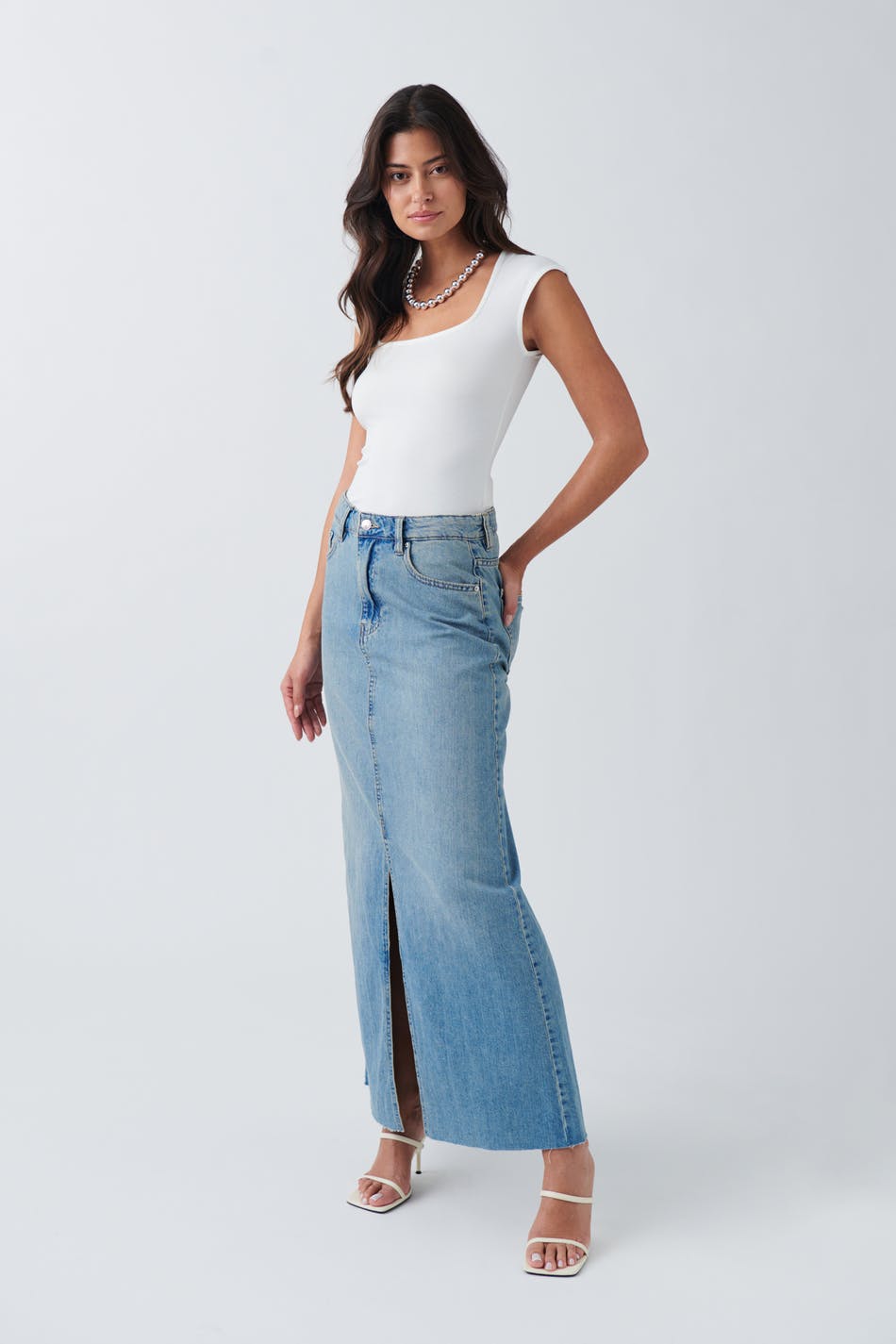 Gina Tricot - Double slit denim skirt - jeanskjolar - Blue - 40 - Female