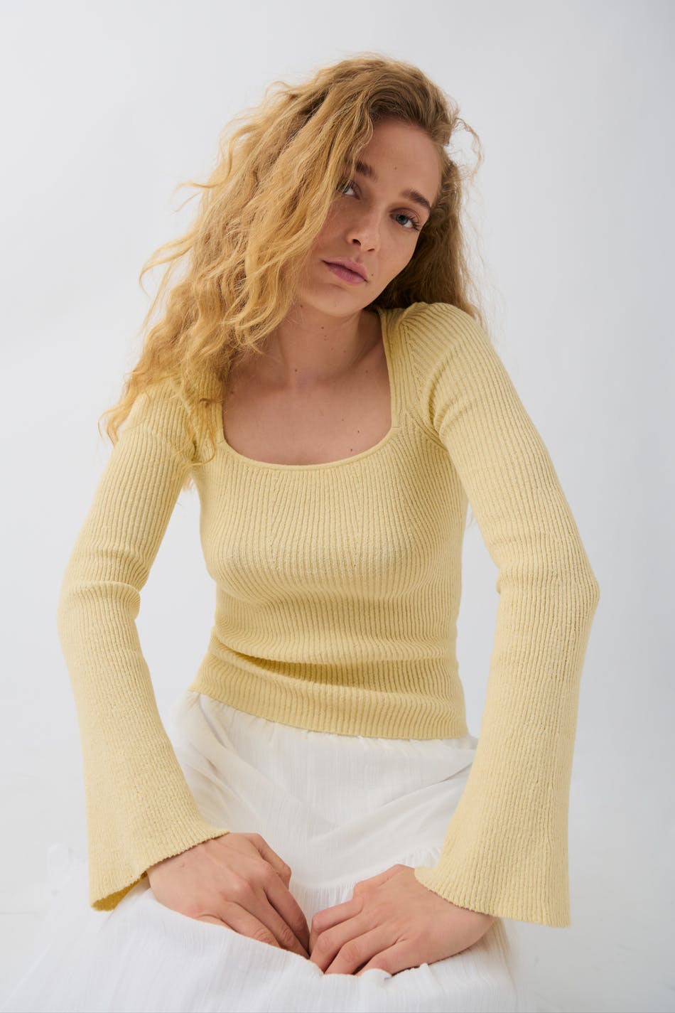Gina Tricot - Wide sleeve knit top - strikvarer- Yellow - XL - Female