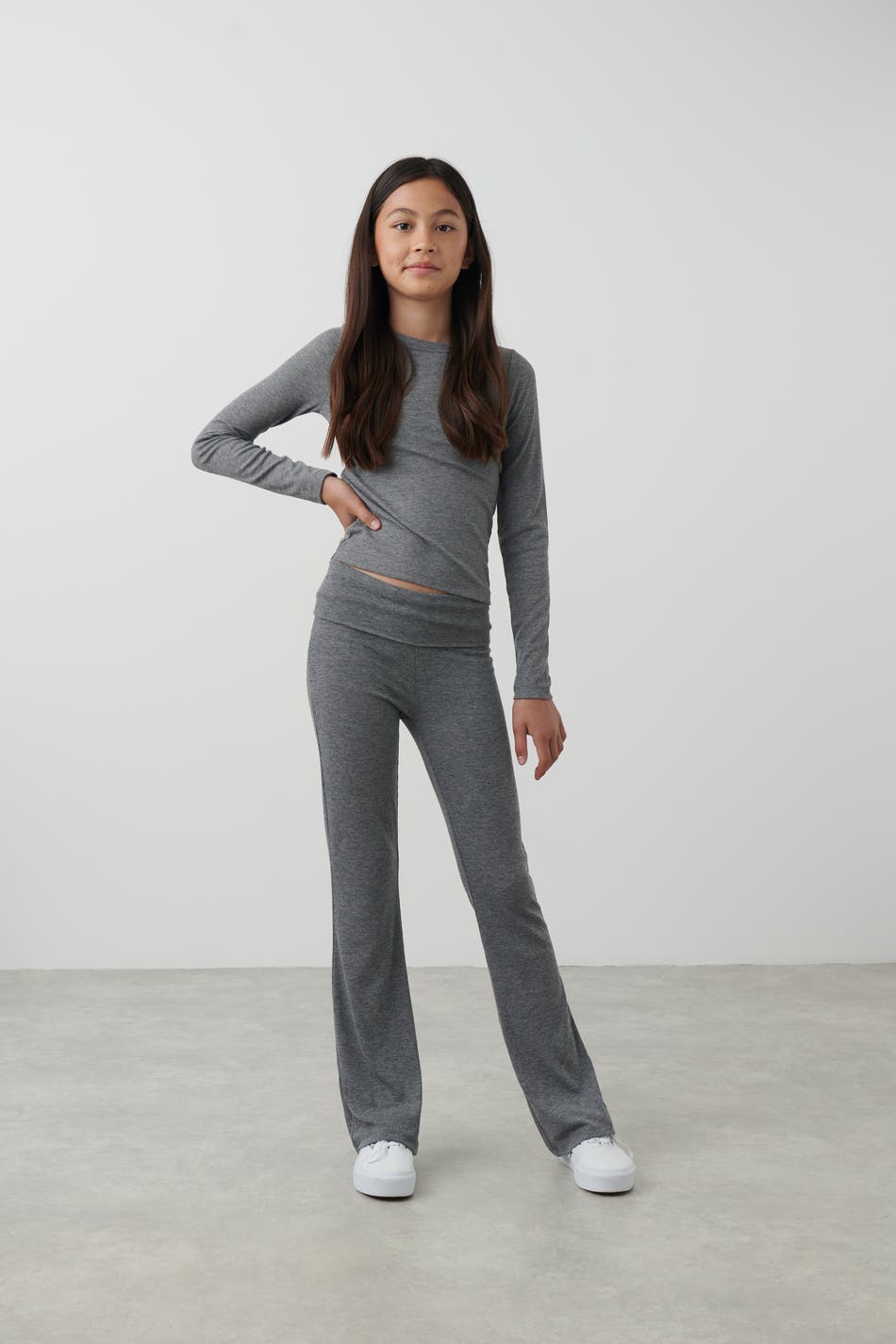 Gina Tricot - Y low waist yoga rib leggings - young-bottoms - Grey - 146/152 - Female