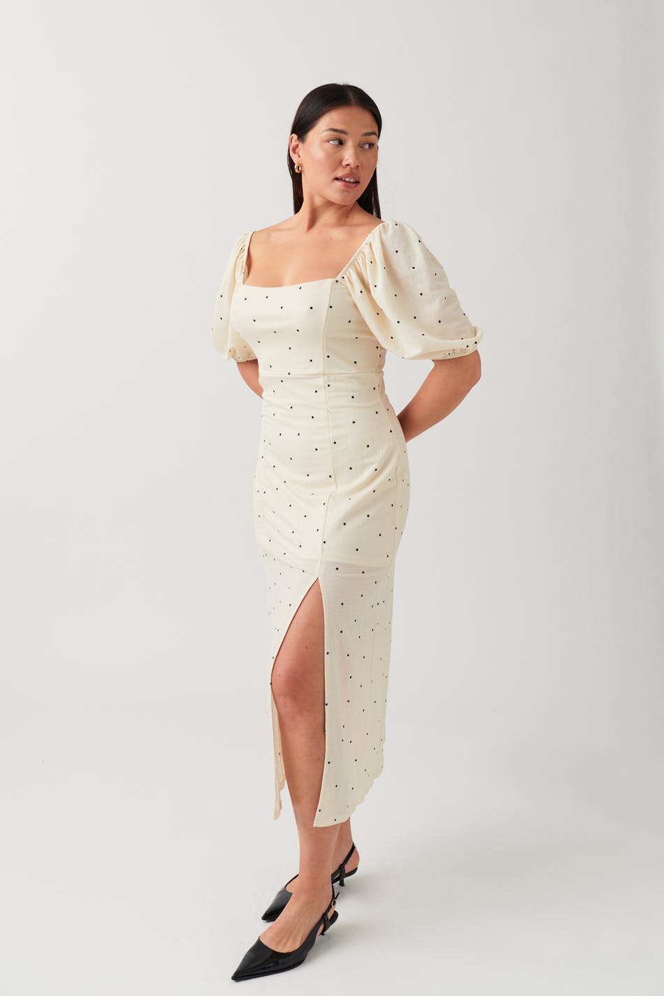 Gina Tricot - Puff sleeve midi dress - midi kjoler- White - M - Female