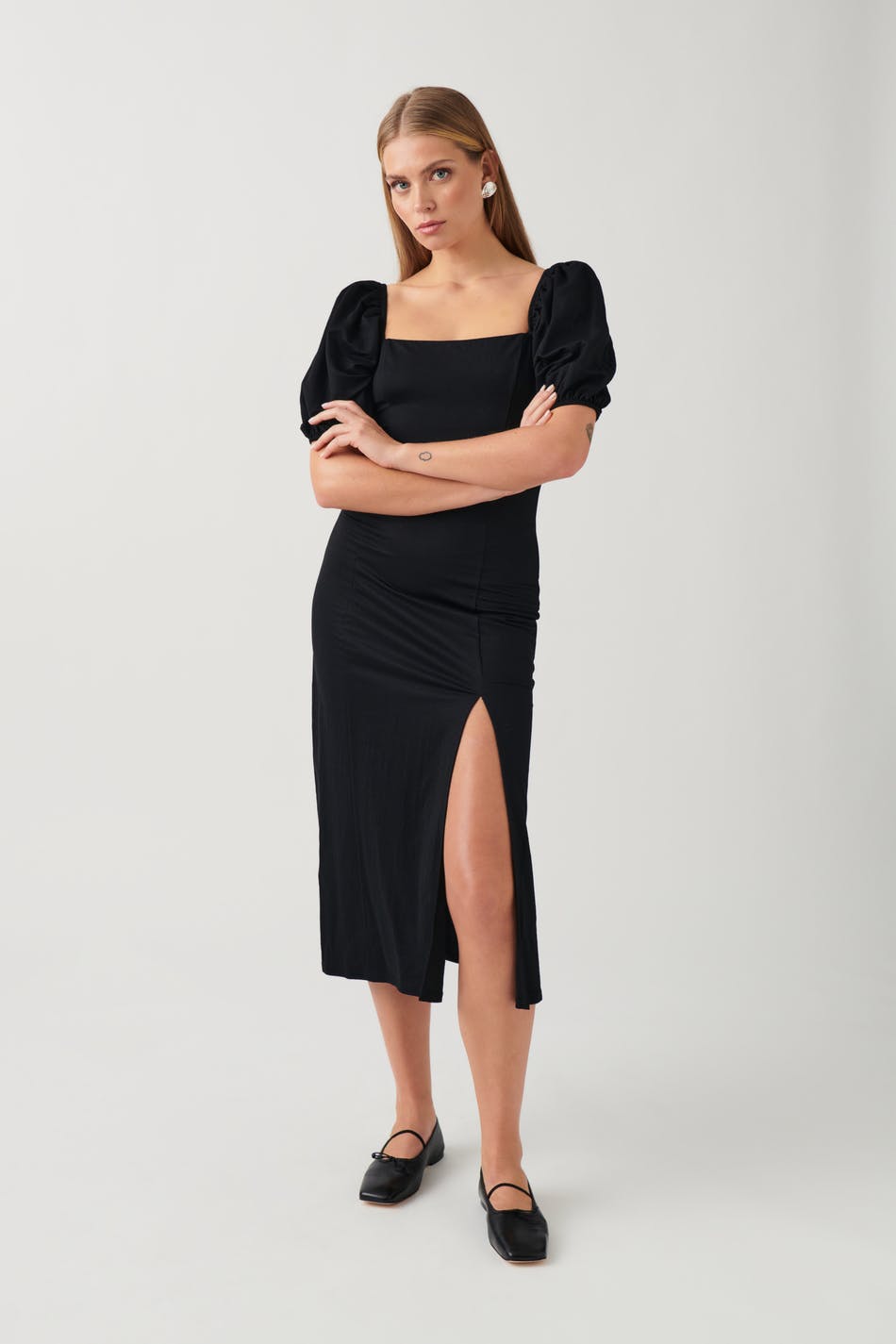 Gina Tricot - Puff sleeve midi dress - Kjoler- Black - L - Female