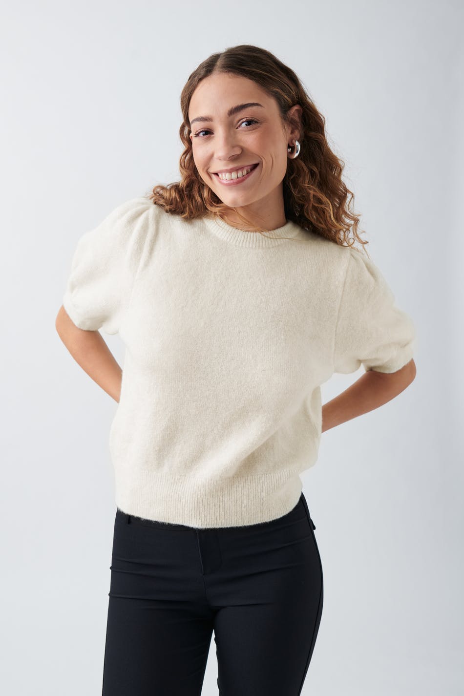 Gina Tricot - Puff sleeve knitted top - toppar - White - XL - Female