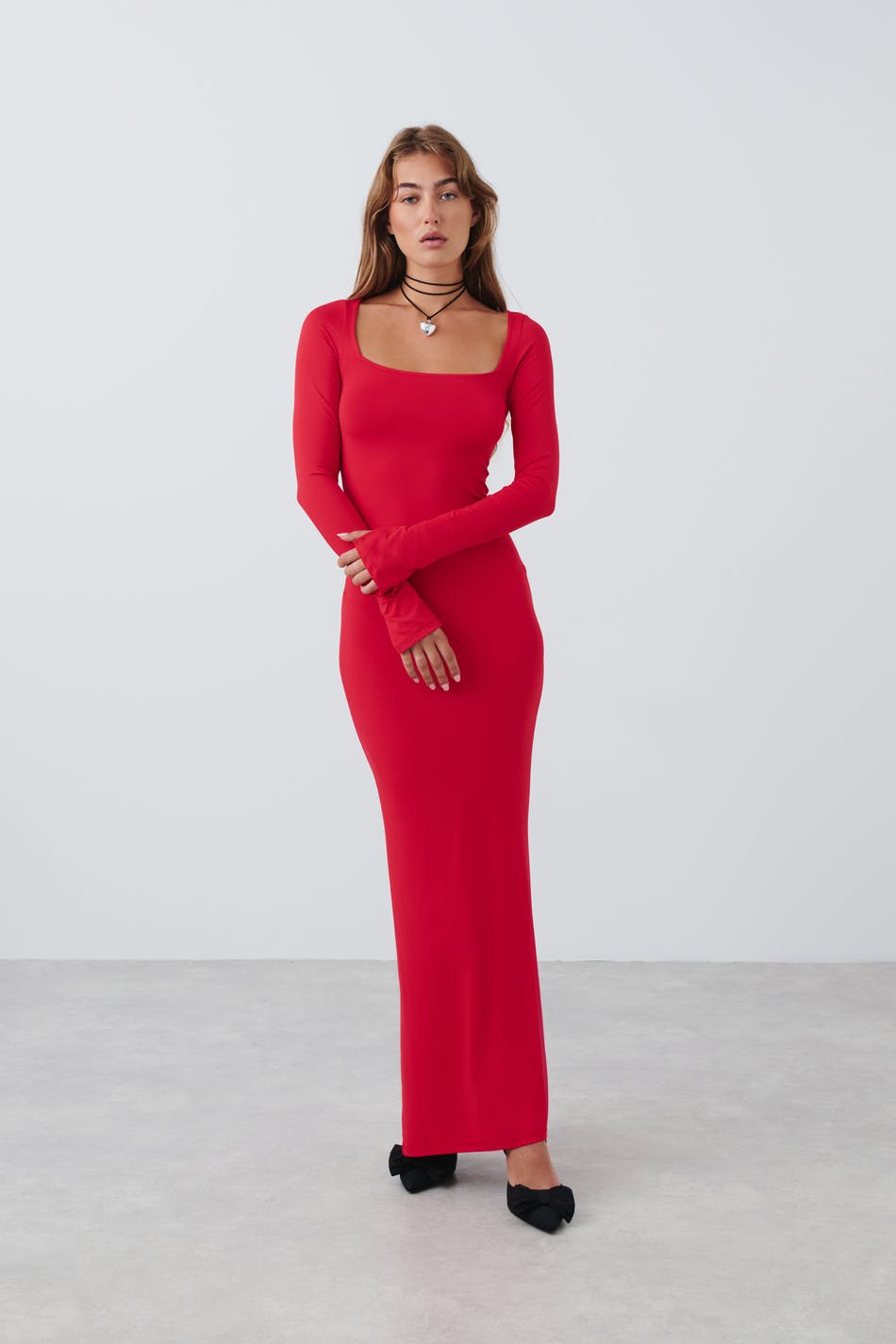 Läs mer om Gina Tricot - Square neck maxi dress - långärmade klänningar - Red - XS - Female