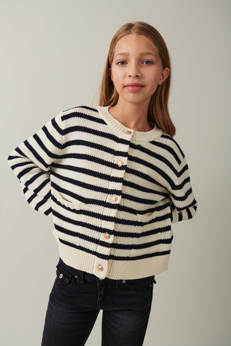 Gina Tricot - Y knitted striped cardigan - stickade tröjor - Blue - 134/140 - Female