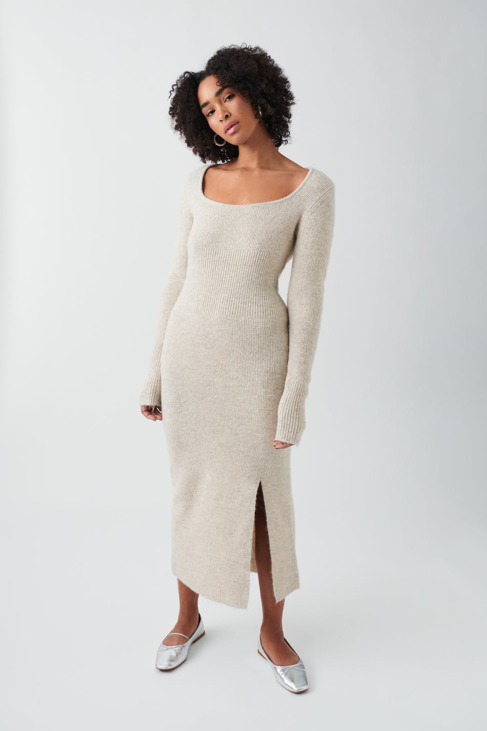 Gina Tricot - Square neck knit dress - stickade klänningar - Beige - XL - Female