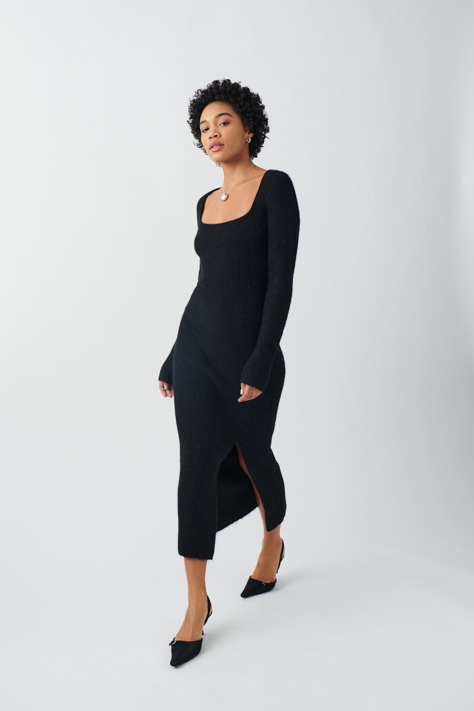 Gina Tricot - Square neck knit dress - stickade klänningar - Black - M - Female