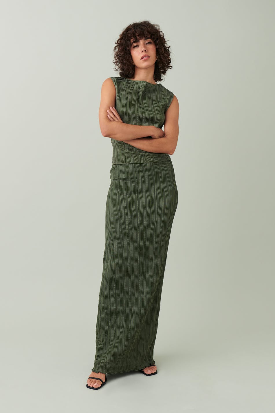 Gina Tricot - Wave textured maxi skirt - långkjolar - Green - XL - Female