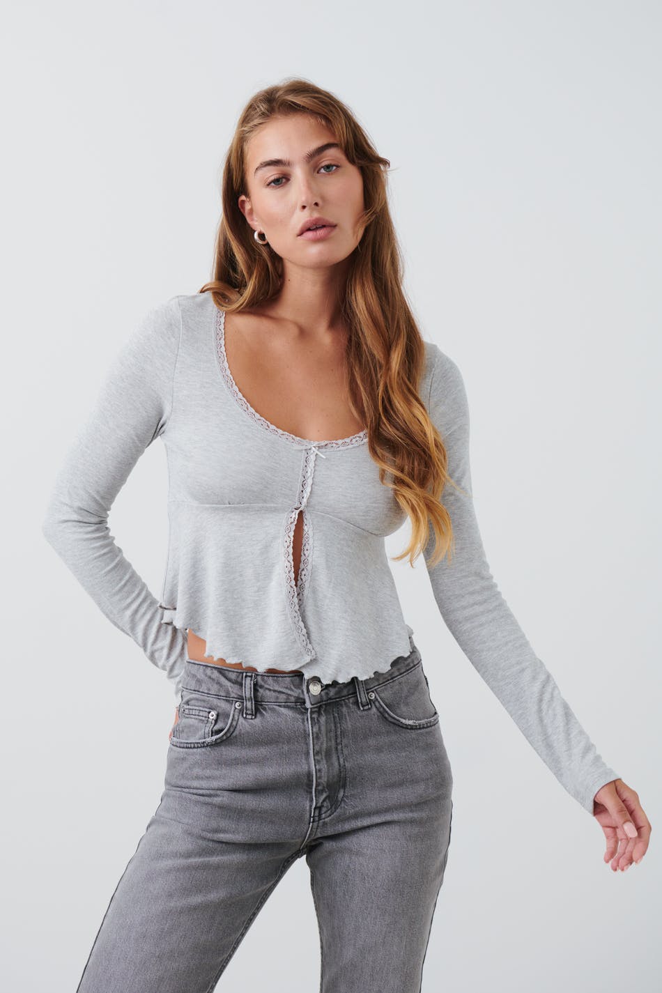  Gina Tricot- Lace detail top - Tops und shirts- Grey - XS- Female