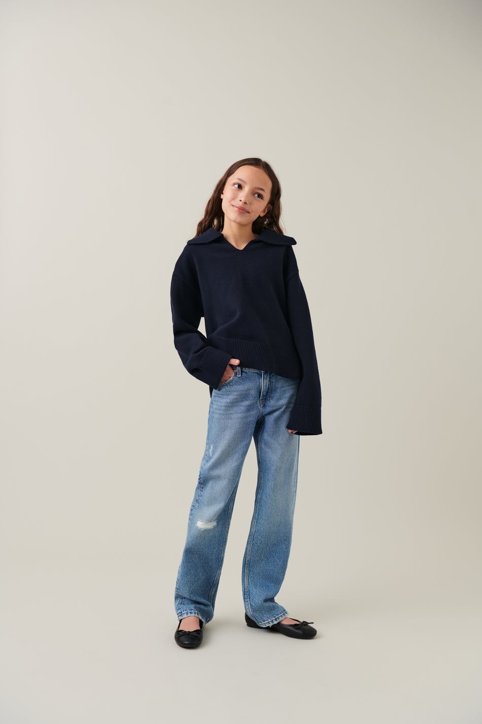 Gina Tricot - Y loose collar sweater - stickade tröjor - Blue - 134/140 - Female