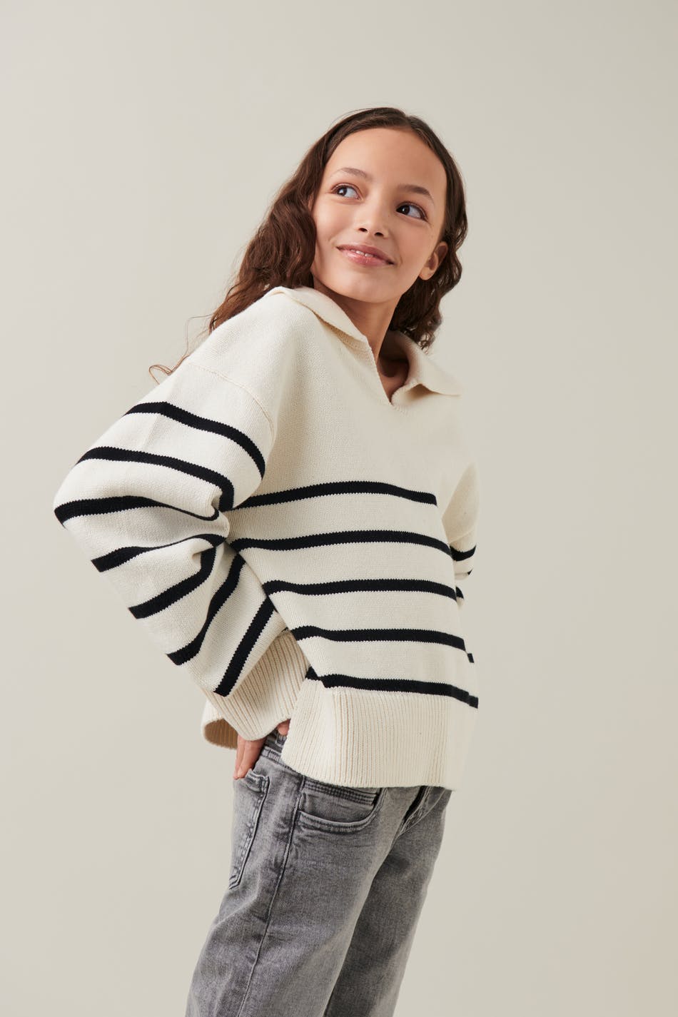Gina Tricot - Y loose collar sweater - stickade tröjor - Beige - 158/164 - Female