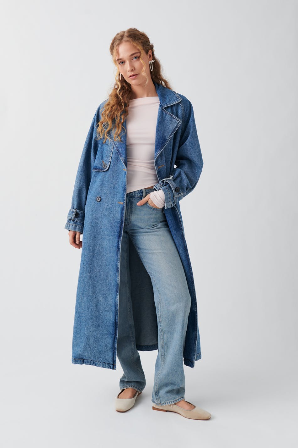 Gina Tricot - Denim long trench coat - trenchcoats - Blue - L/XL - Female