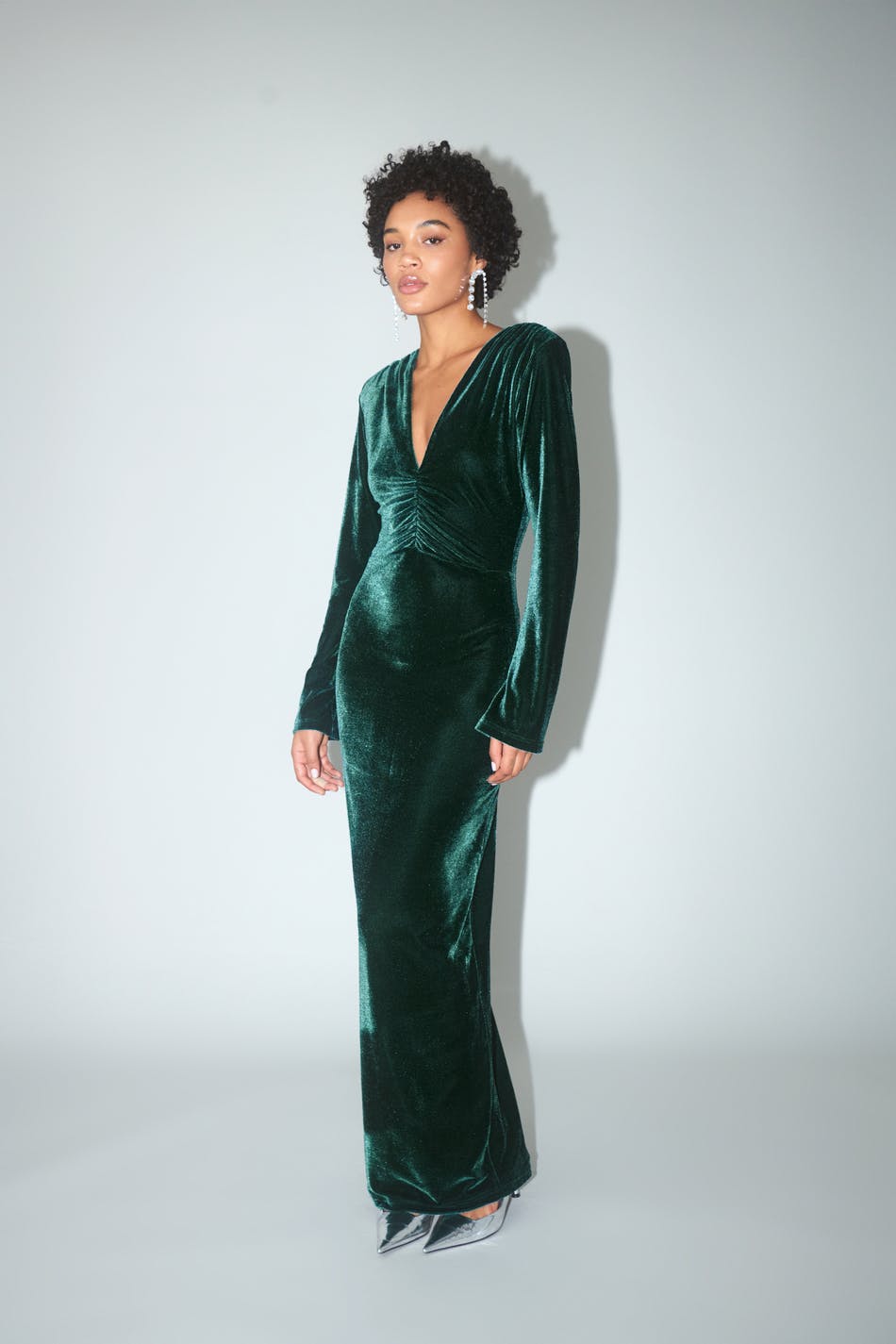 Gina Tricot - Ruched velvet maxi dress - långklänningar - Green - XS - Female