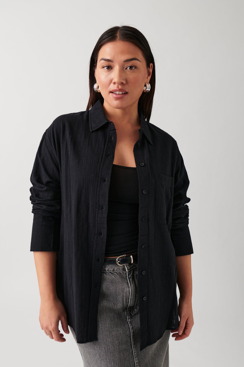 Gina Tricot - Slub shirt - skjortor - Black - XL - Female