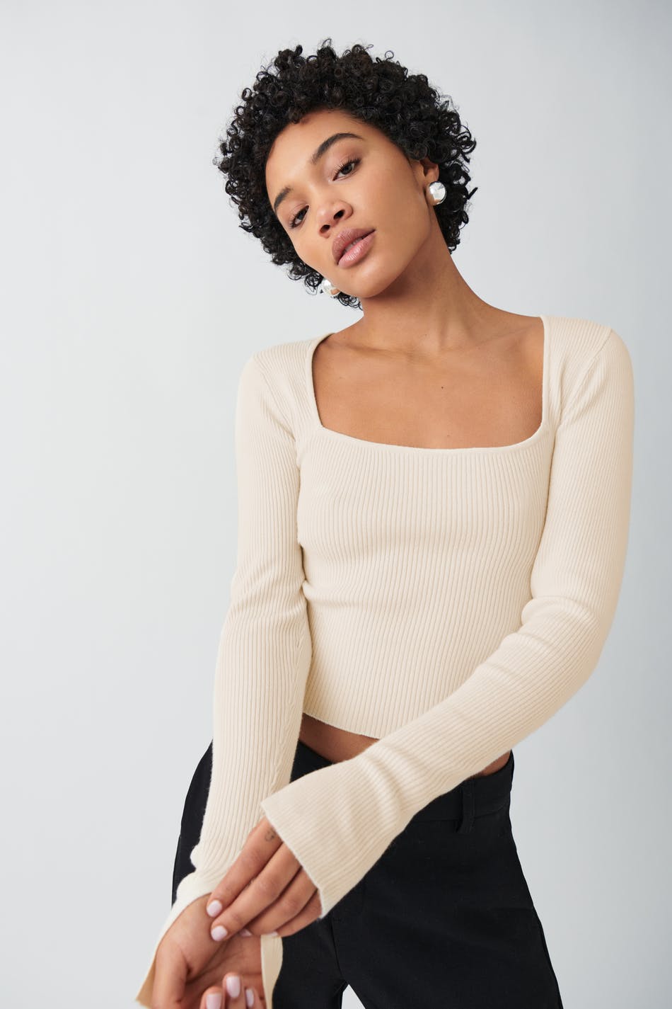 Knitted squareneck top - Wit - Dame - Gina Tricot