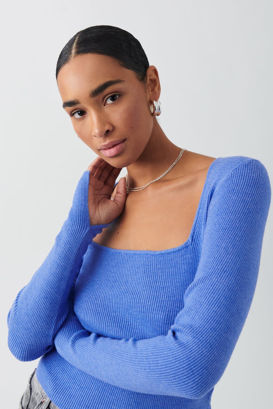Gina Tricot - Knitted squareneck top - Langærmede toppe- Blue - S - Female