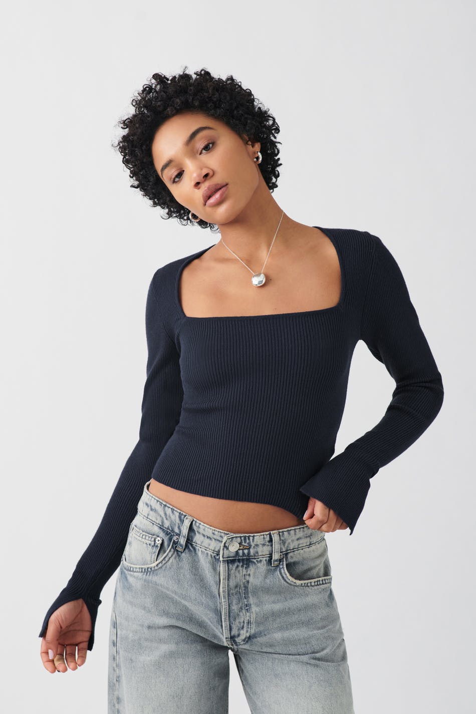 Knitted squareneck top - Blue - Women - Gina Tricot