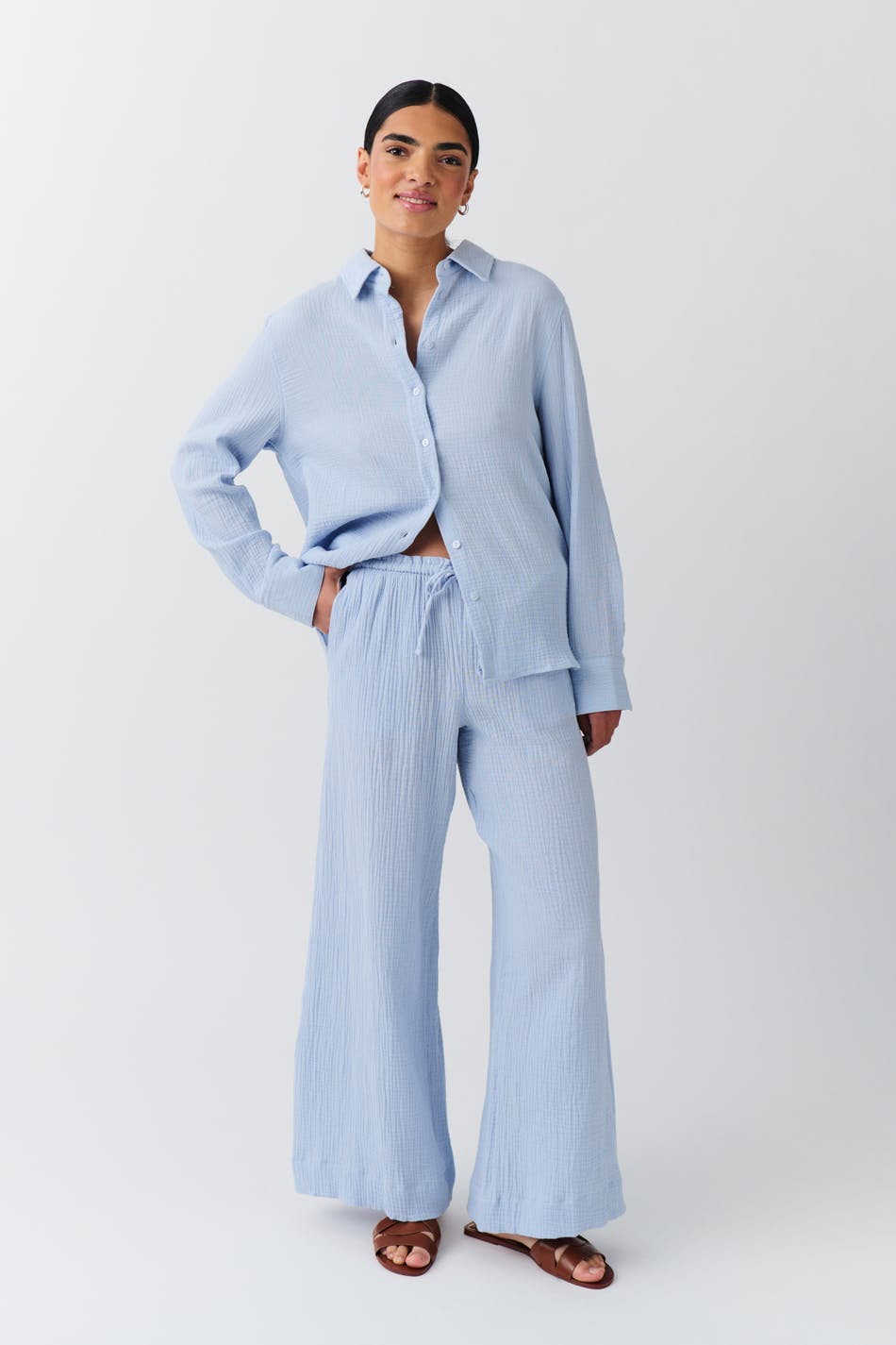 Gina Tricot - Gauze trousers - hørbukser- Blue - XXS - Female