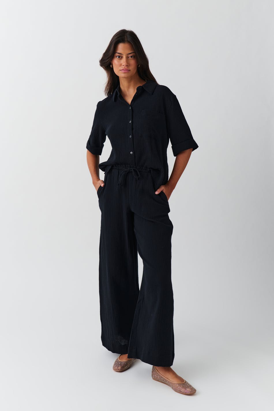 Gina Tricot - Gauze trousers - hørbukser- Black - XXS - Female
