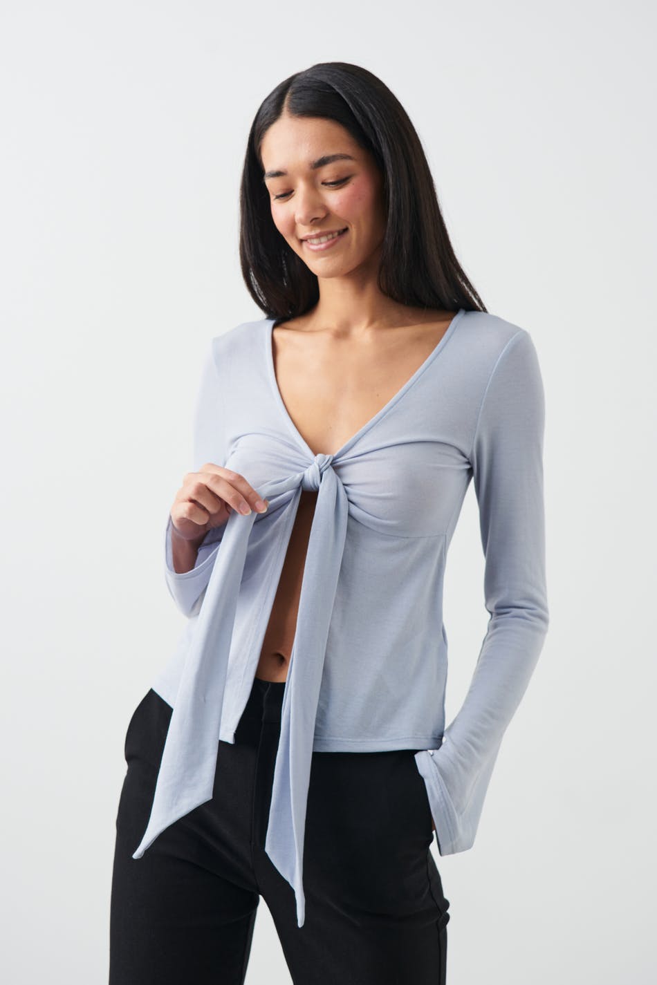 Gina Tricot - Tie front long sleeve top - långärmade toppar - Blue - XS - Female