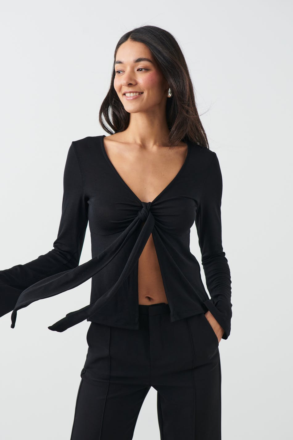 Gina Tricot - Tie front long sleeve top - långärmade toppar - Black - XS - Female