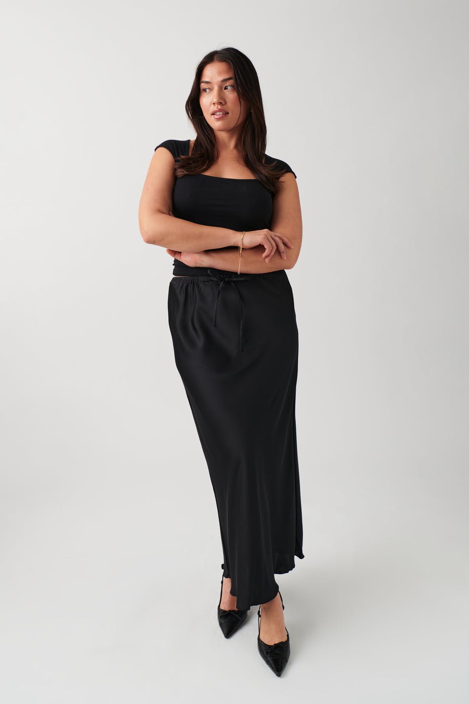 Gina Tricot - Satin midi drawstring skirt - satinkjolar - Black - XS - Female