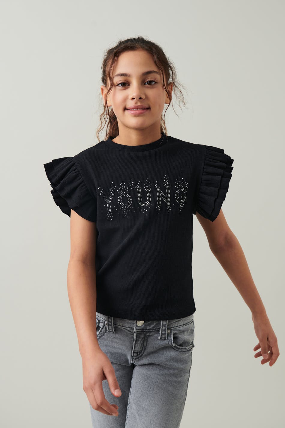 Gina Tricot - Y rhinestone frill top - young-tops - Black - 170 - Female