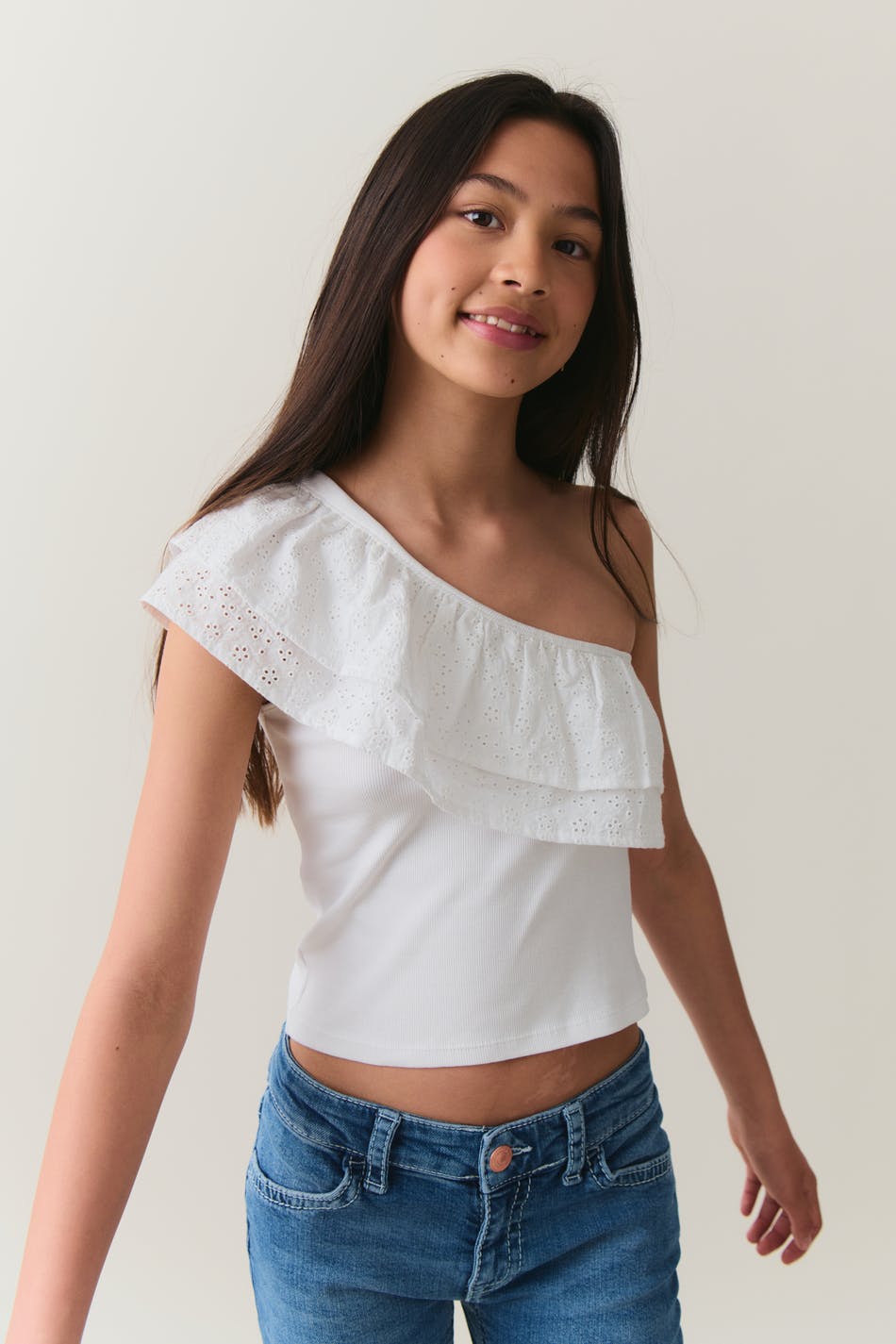  Gina Tricot- Y one shoulder frill top - young-tops- White - 134/140- Female