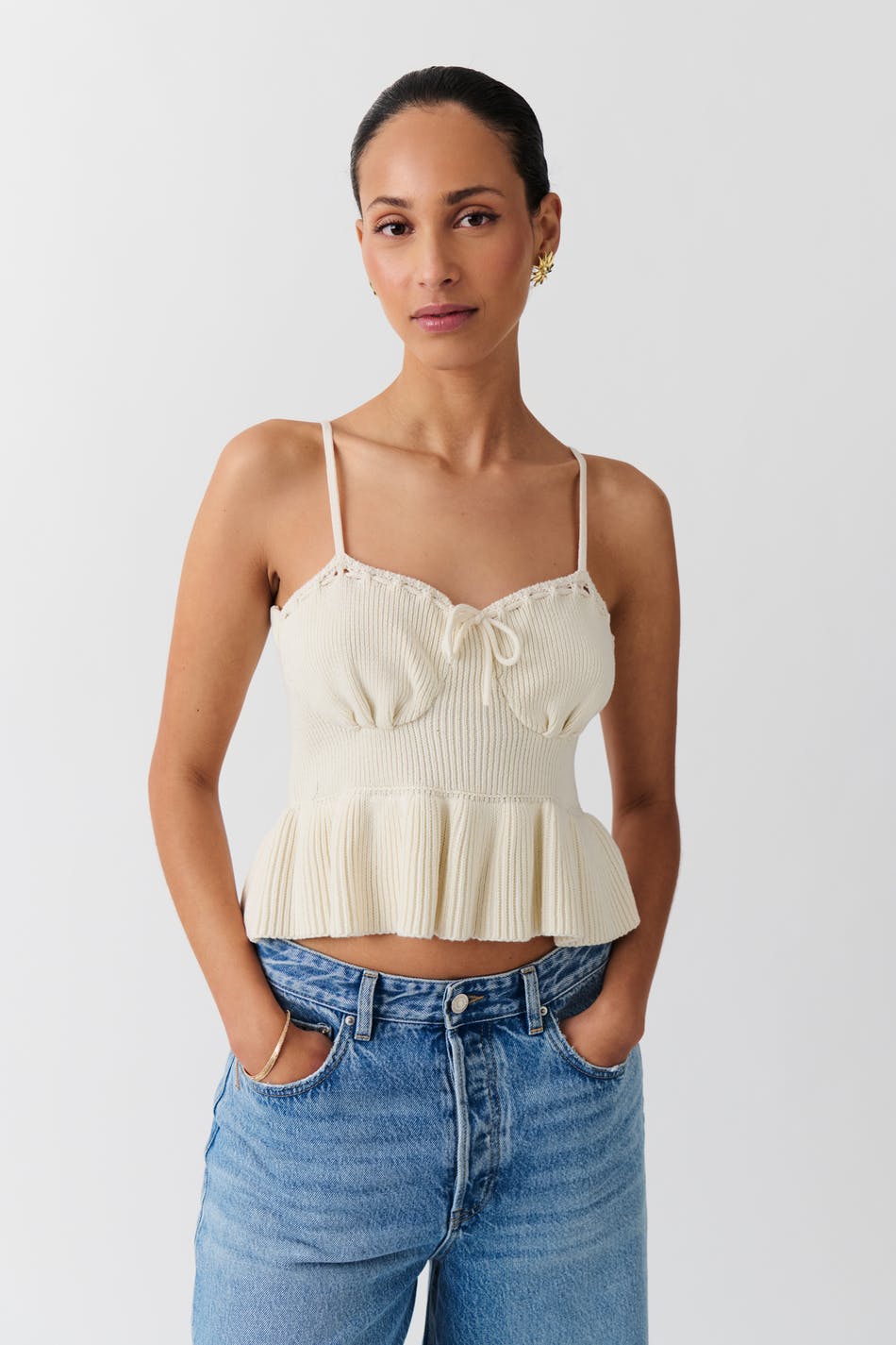  Gina Tricot- Knitted frill singlet - Tops- White - M- Female