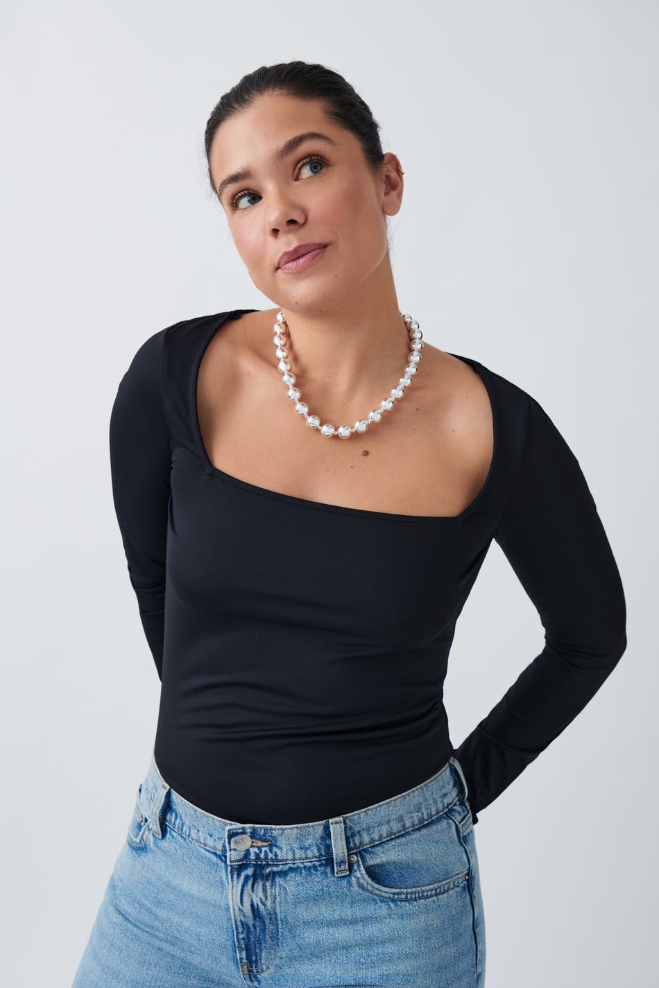 Gina Tricot - Square neck top - långärmade toppar - Black - XS - Female